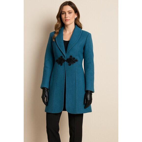 Soft Surroundings 100% Wool Blue Coat SZ Small Frog Closure Dopamine Whimsical - Picture 1 of 8